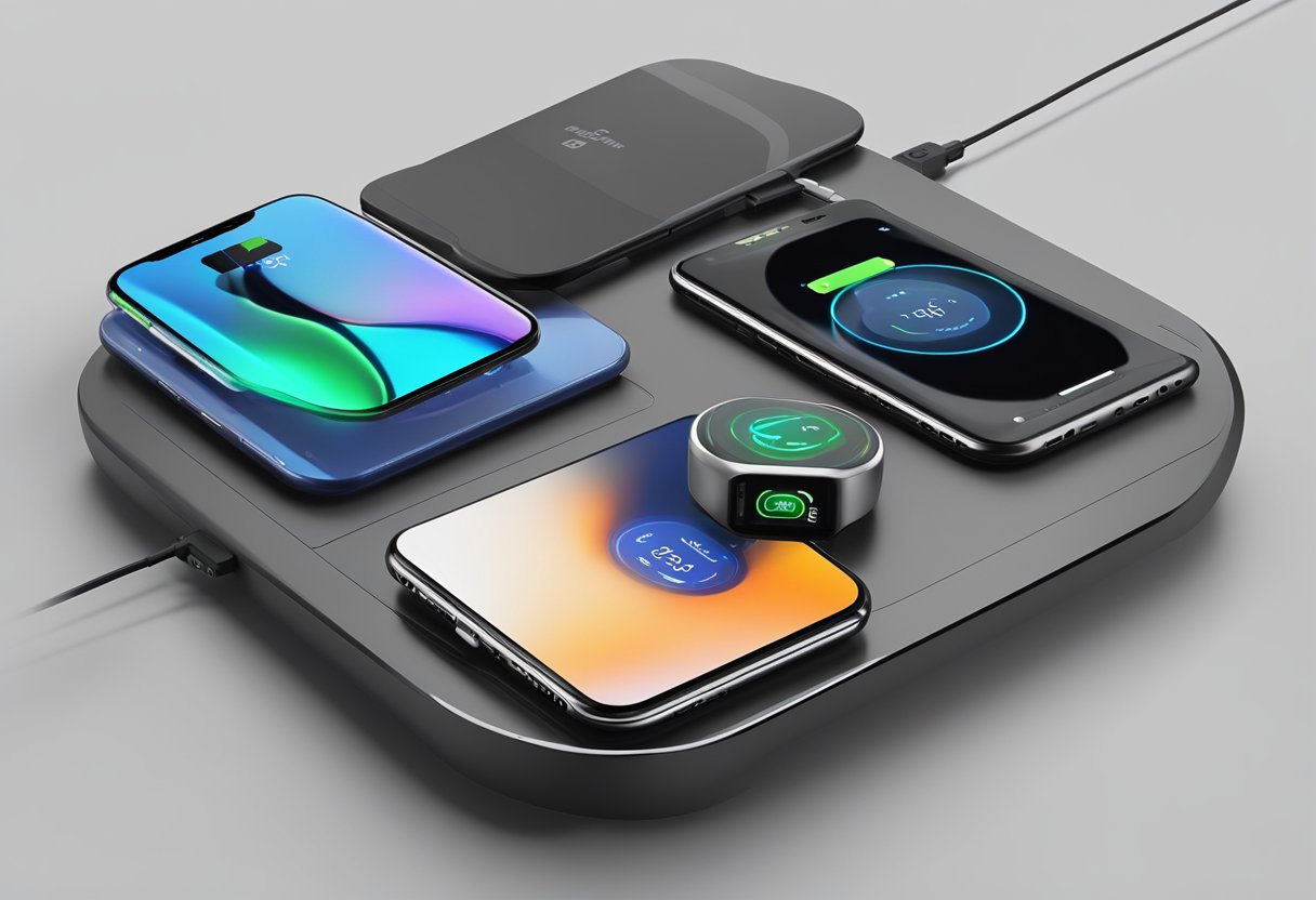 A table with various wireless chargers displayed, supplier logos visible, and product specifications listed