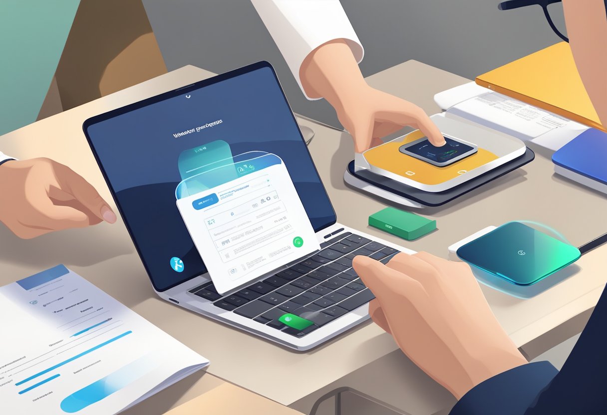 A person ships a wireless charger, checking regulations and filling out forms