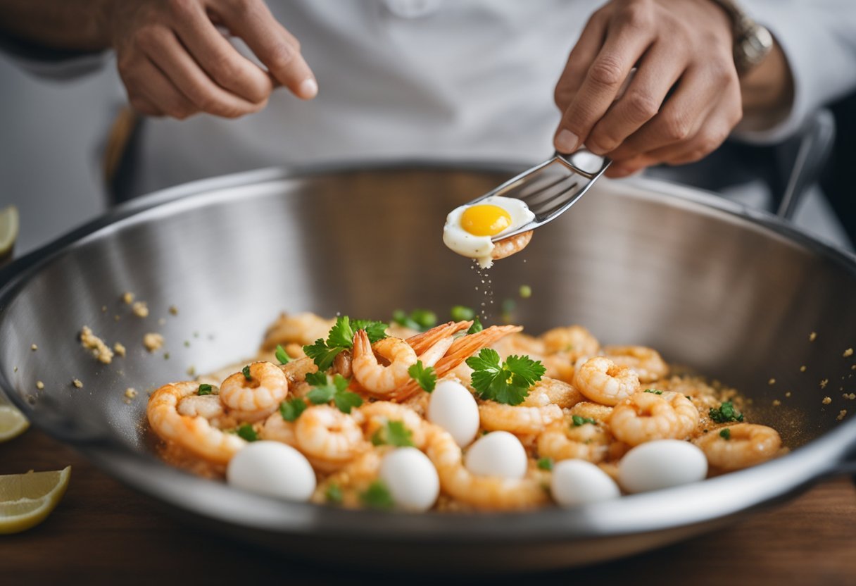 A bowl of prawns, flour, eggs, and spices. A person mixing ingredients in a bowl. Another person frying the fritters in hot oil