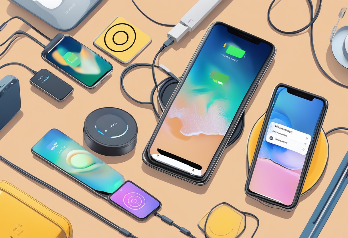 A wireless charger surrounded by various electronic devices, with a sign reading "Frequently Asked Questions" displayed prominently