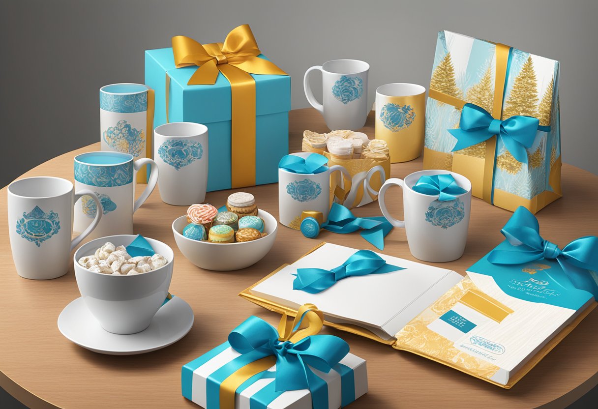 A table displays various corporate gift packs, including branded mugs, notebooks, and gourmet treats. Ribbons and wrapping add a festive touch