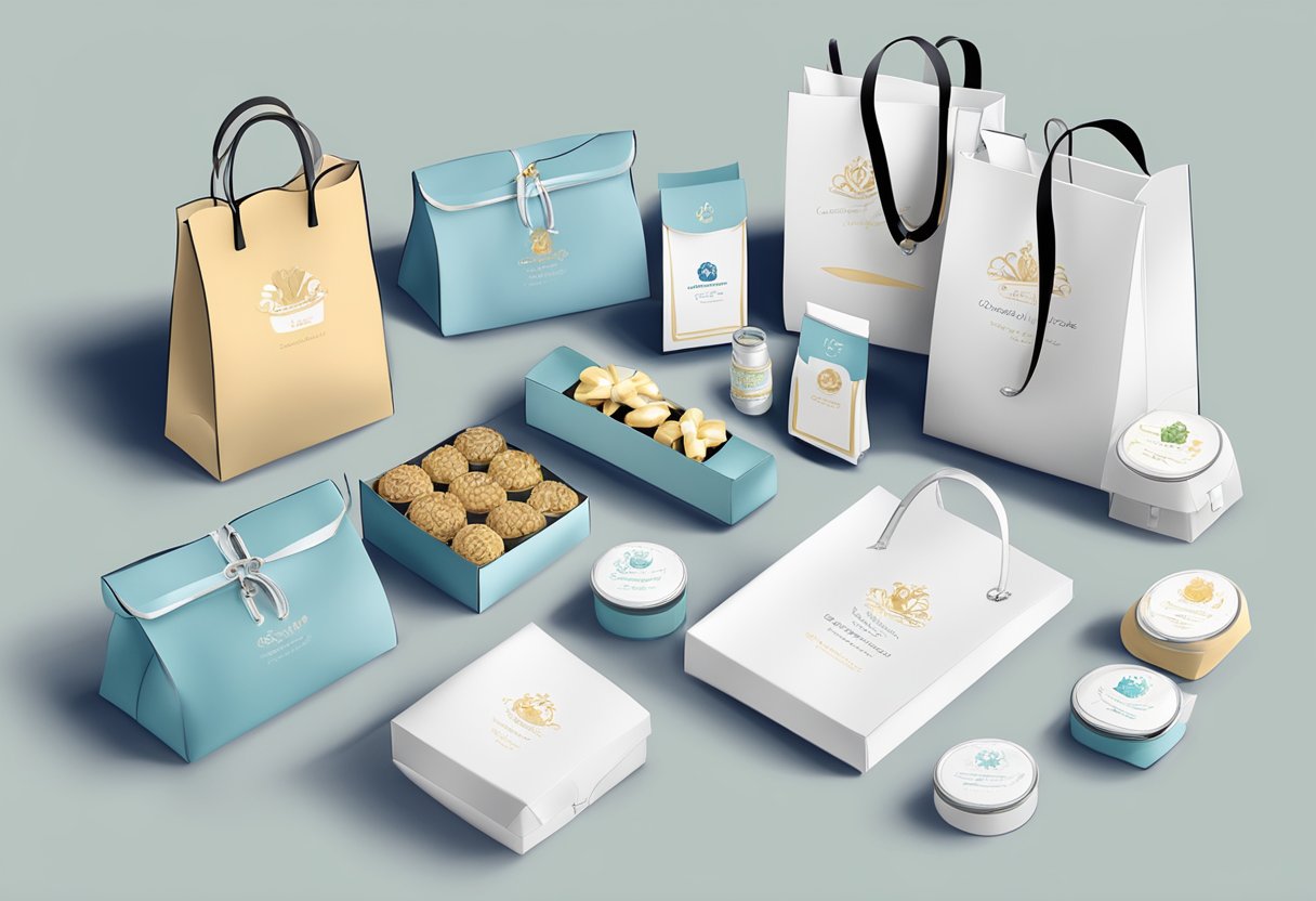 A table displays wedding favours and corporate gifts, including a branded sling bag