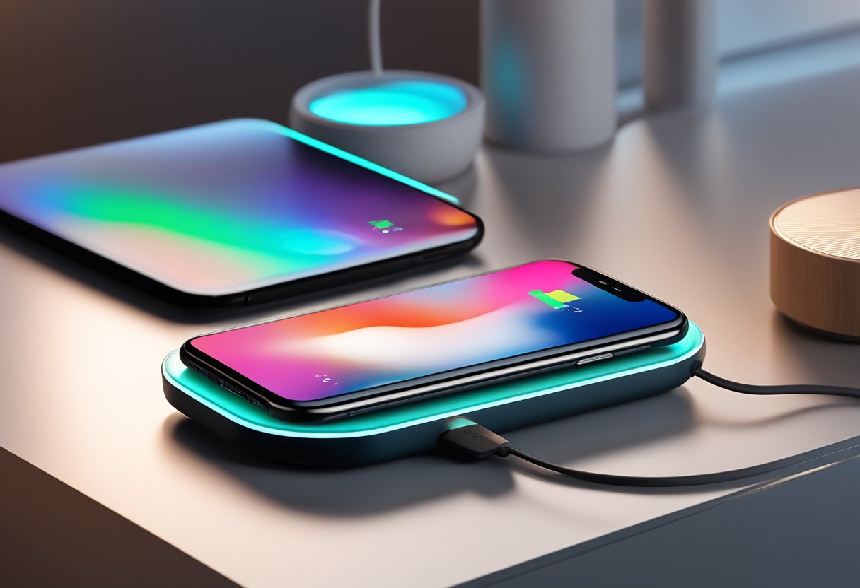 A smartphone sits on a sleek wireless charging pad, emitting a soft glow as it charges