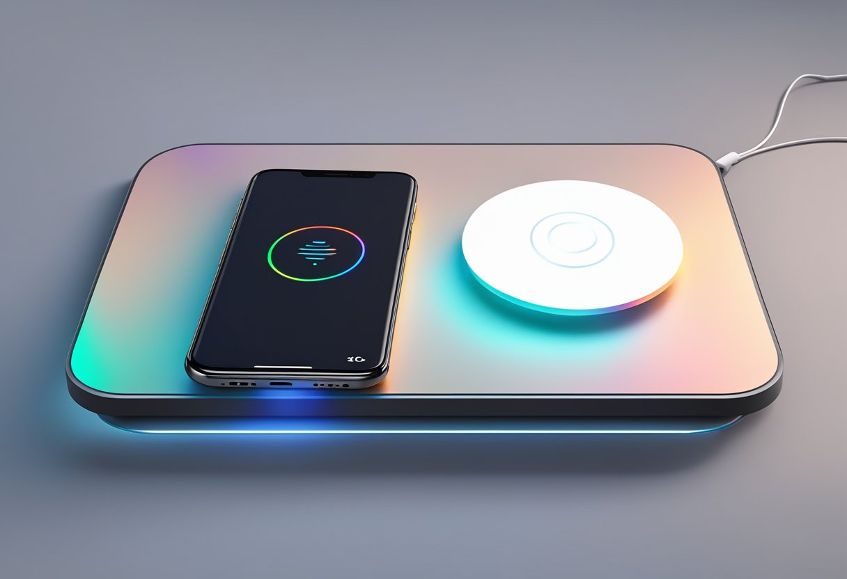 A wireless charging pad sits on a sleek, modern desk. A smartphone hovers above it, with a glowing indicator showing the charging process