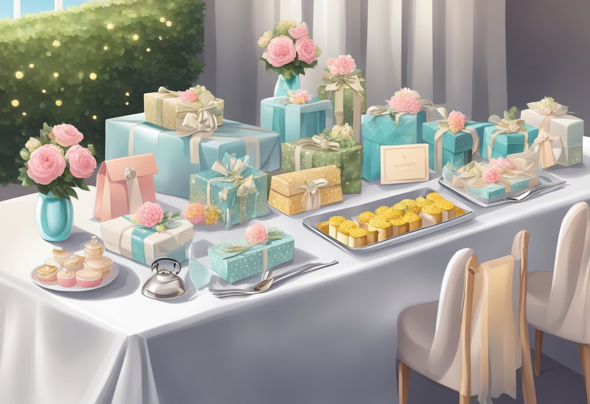 A table adorned with wedding favours and corporate gifts, including a stylish sling bag