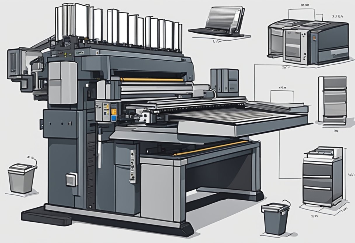 A large printing press with various paper sizes and colors, ink cartridges, and a computer workstation for custom design
