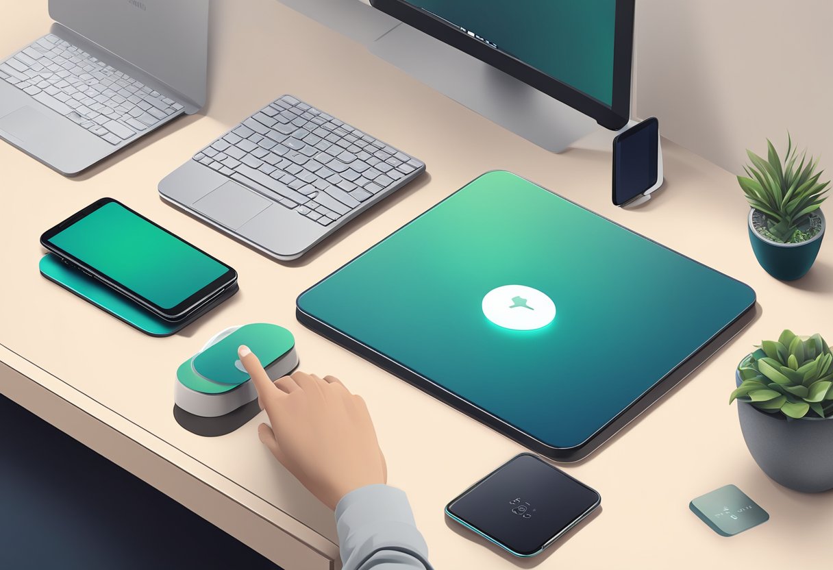 A hand reaches for a sleek wireless charging pad on a clutter-free desk, surrounded by electronic devices