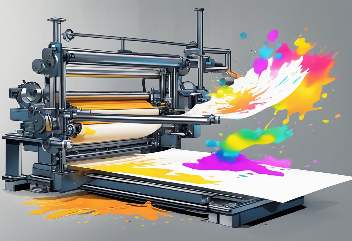 A printing press in action, with colorful inks flowing onto paper, producing high-quality custom prints