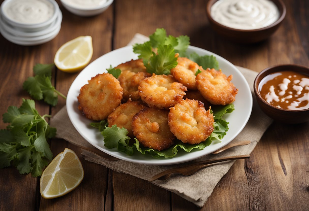 A plate of golden-brown prawn fritters sits on a rustic wooden table, surrounded by small bowls of dipping sauce and a stack of clean white napkins