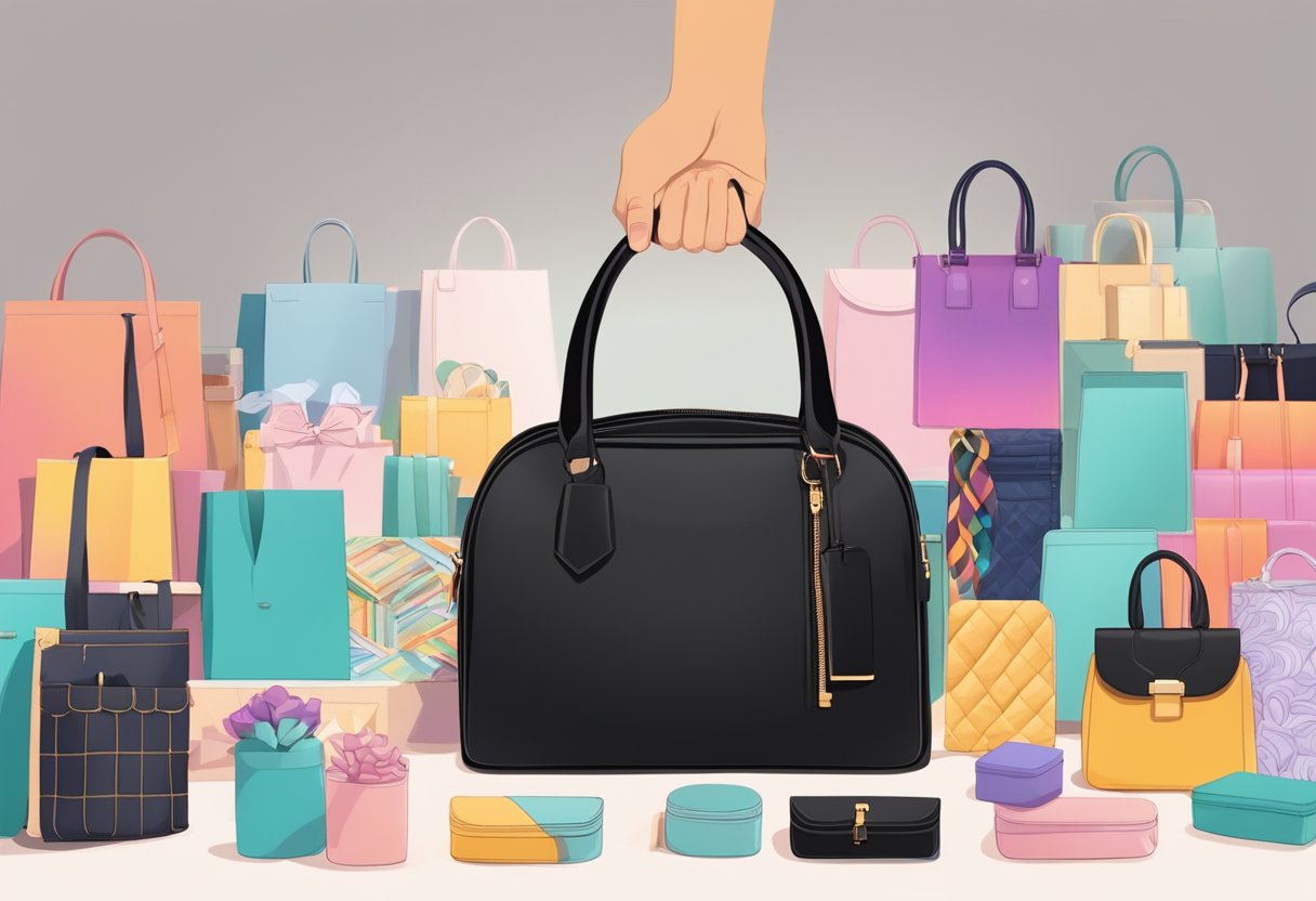 A hand reaches for a sleek black sling bag among a display of various colors and styles. The bag is surrounded by wedding favours and corporate gifts