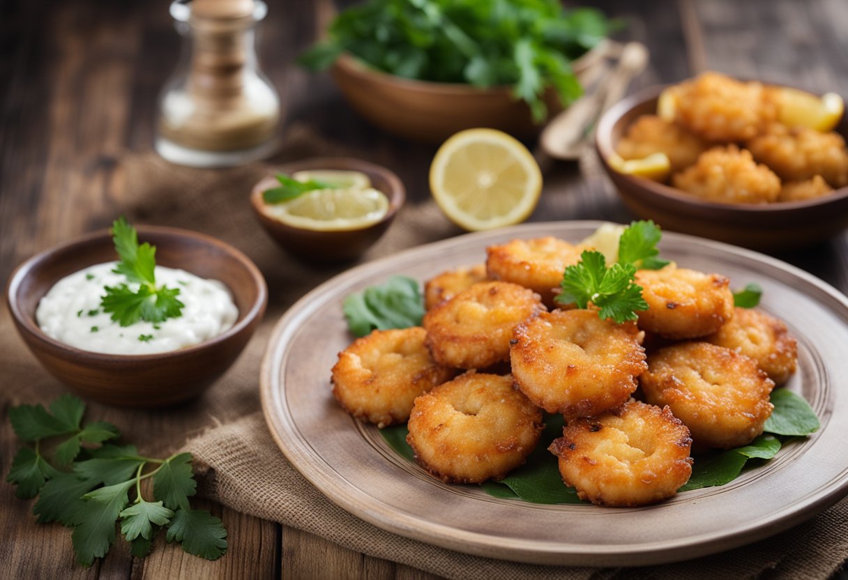 A plate of golden-brown prawn fritters sits on a rustic wooden table, surrounded by vibrant ingredients and a handwritten recipe card