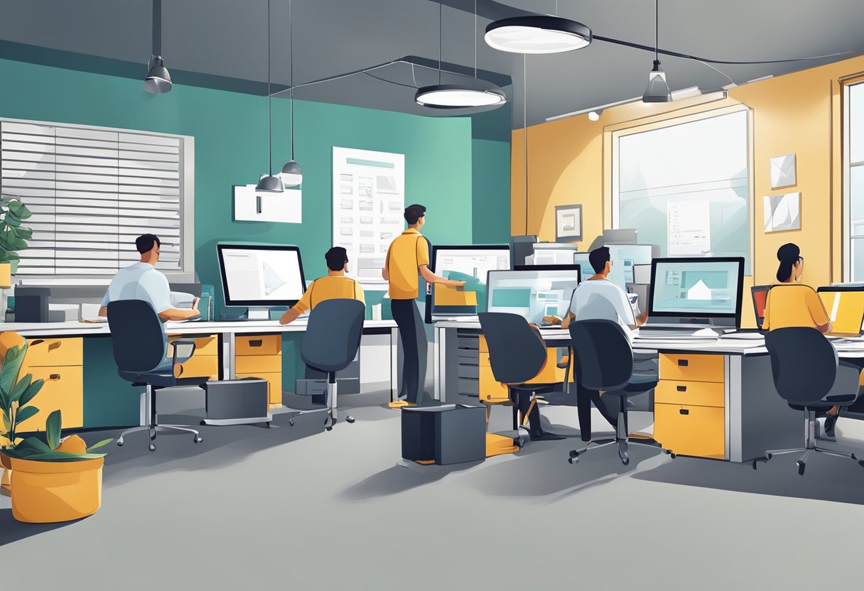 A customer submits an order online for custom printing services, while a team of professionals ensures service excellence in the background