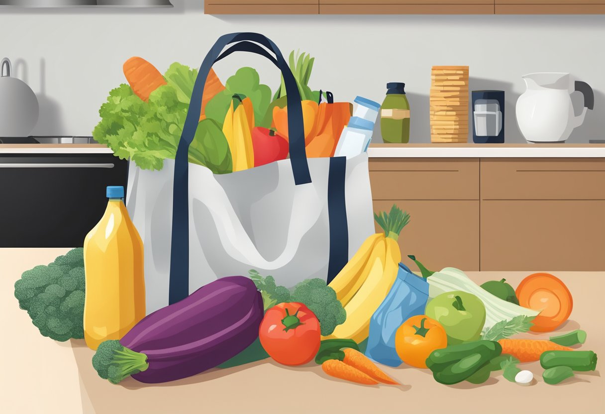 A nylon shopping bag sits on a kitchen counter, filled with groceries spilling out