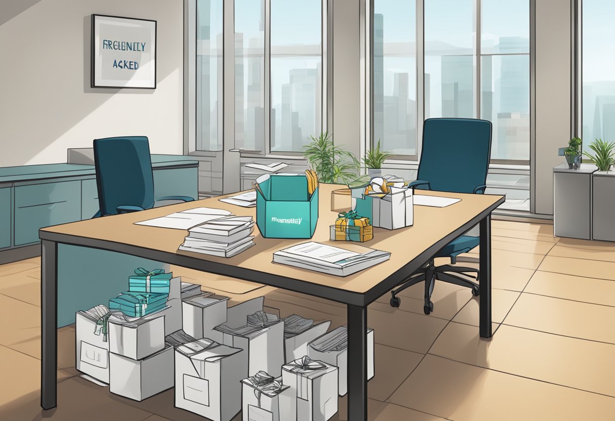 A table with neatly arranged corporate gift packs and a sign reading "Frequently Asked Questions" in a professional office setting