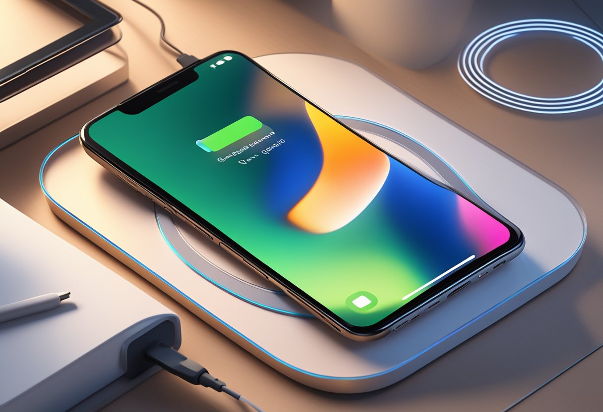 A wireless charging pad sits on a clean, modern desk. A smartphone hovers above it, with a soft glow emanating from the pad