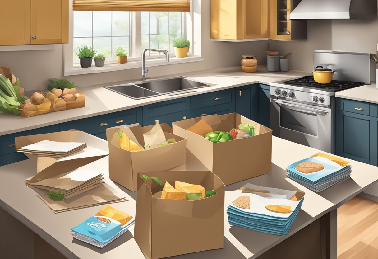 Paper bags scattered on a kitchen counter, some open with groceries spilling out, others neatly stacked
