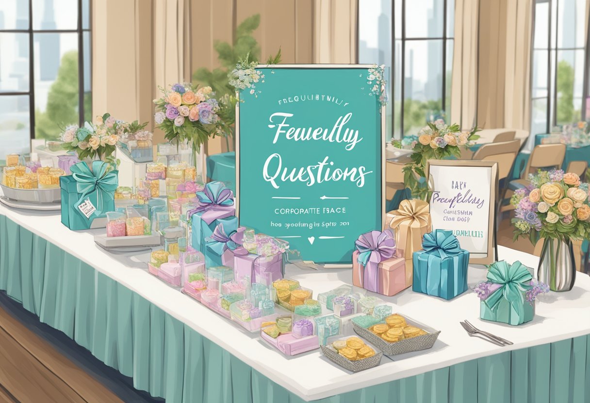 A table adorned with wedding favours and corporate gifts, including sling bags, with a sign reading "Frequently Asked Questions" displayed prominently