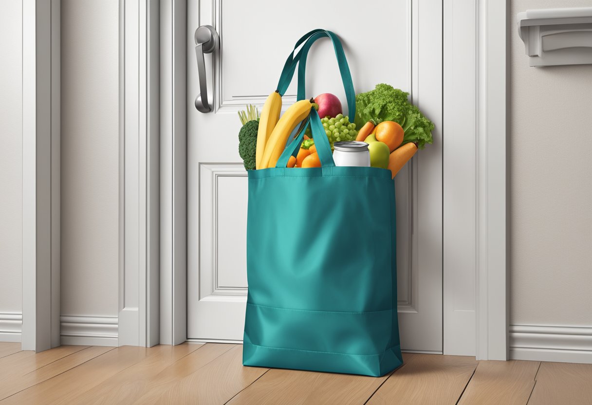 A nylon shopping bag with reinforced handles, printed logo, and durable stitching, filled with groceries and hanging from a doorknob