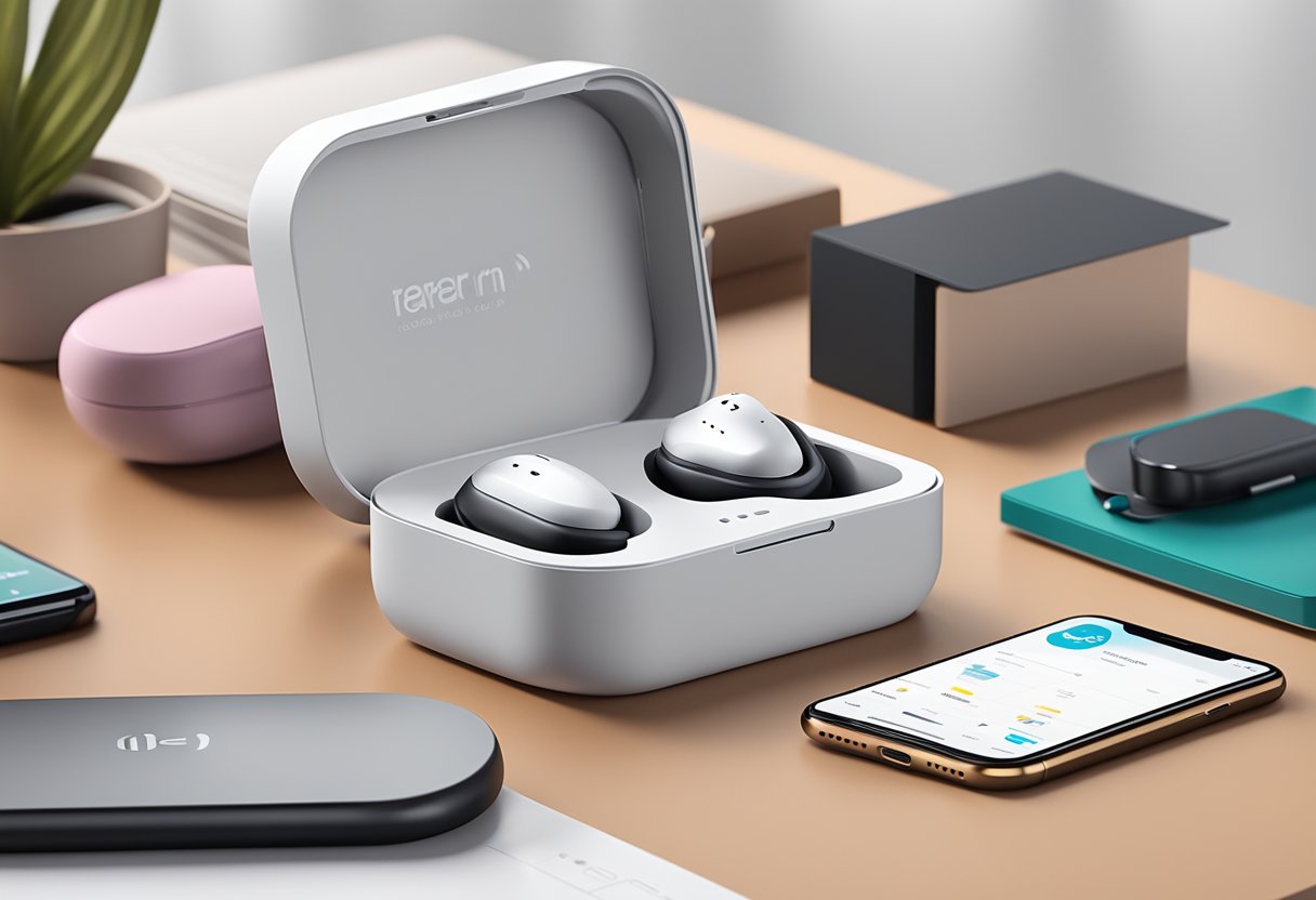 A sleek box of wireless earbuds sits on a desk, surrounded by branded corporate materials