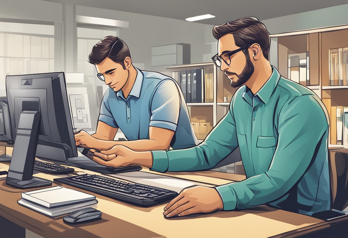 A customer service representative assisting a client with custom printing options