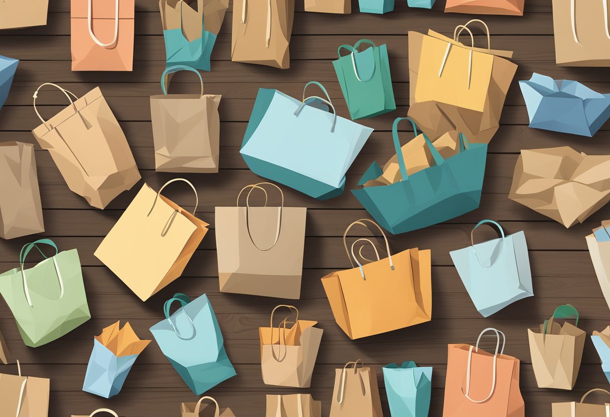 Various paper bags, in different sizes and colors, are scattered across a wooden table. Some are crumpled, while others are neatly folded
