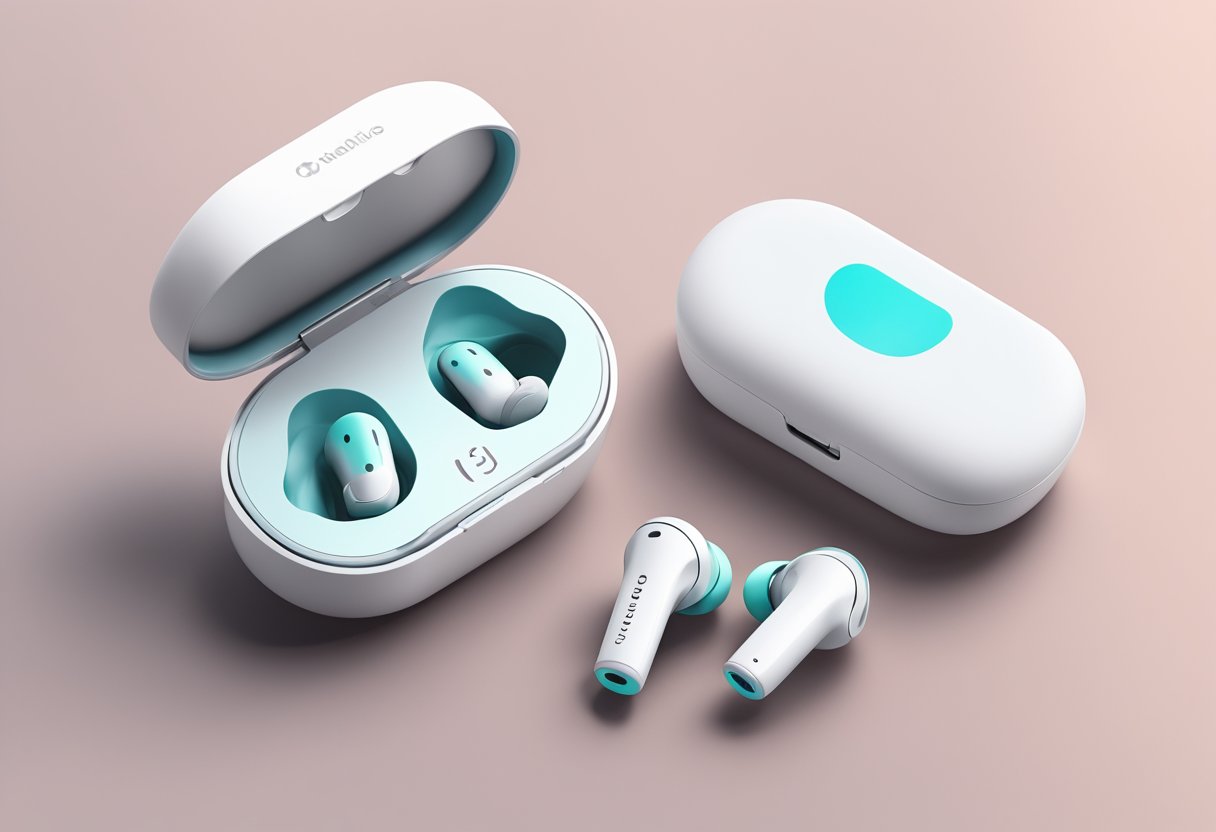 A sleek pair of wireless earbuds with a compact charging case, featuring the company logo and a minimalist design for corporate gifting