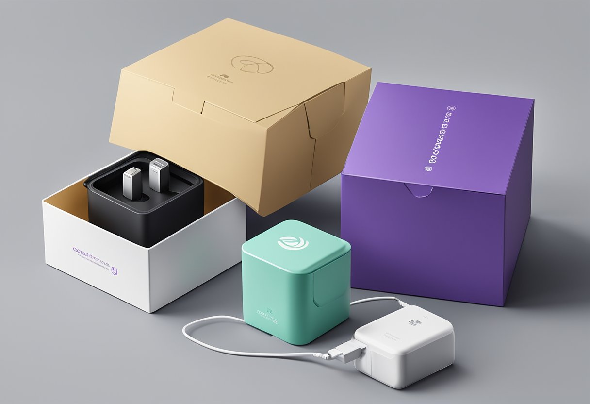 A corporate gift box opens to reveal a sleek twist travel adaptor, surrounded by packaging and a branded logo