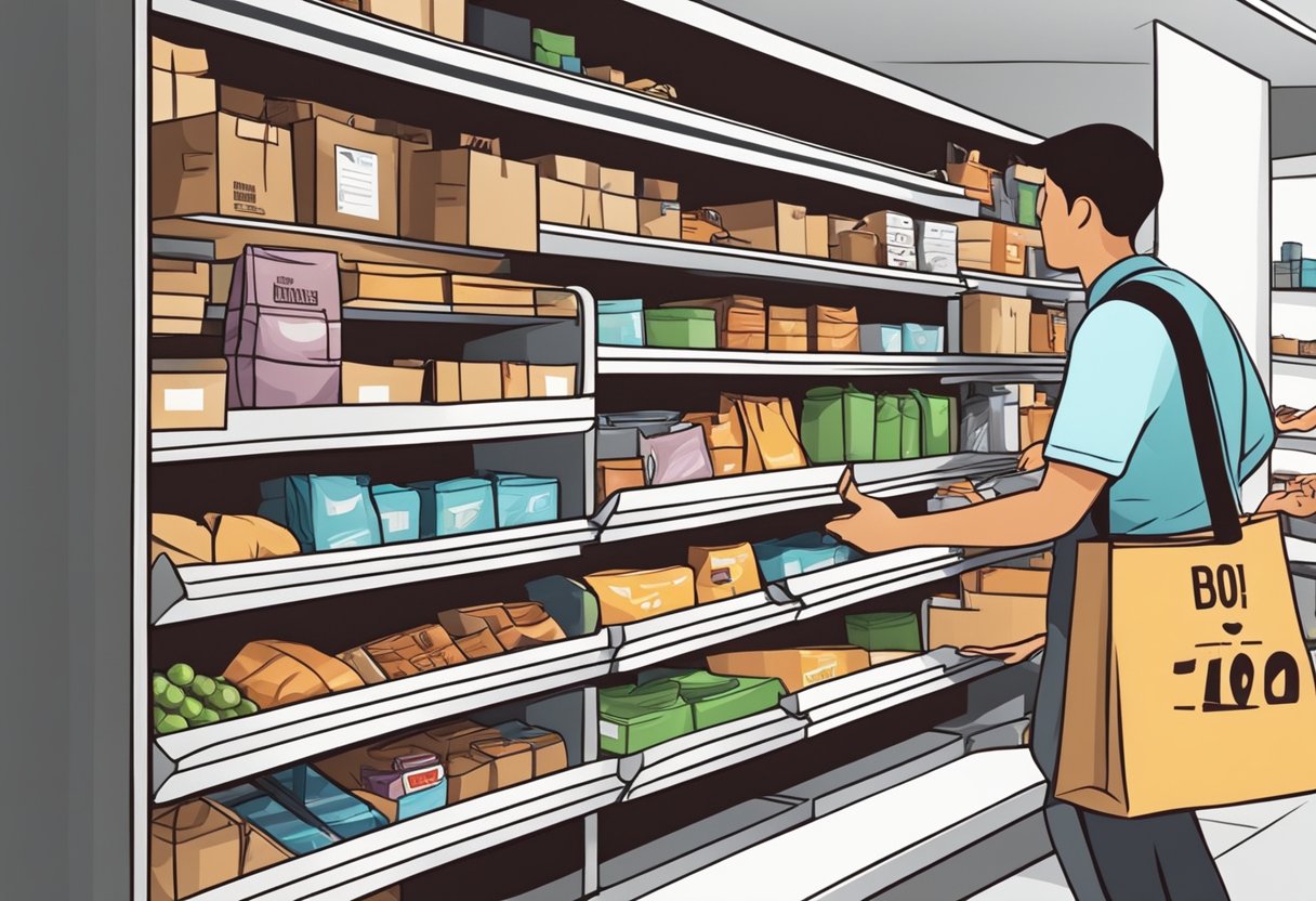 Customers grabbing paper bags from shelves, filling them with groceries, and using them to carry their purchases out of the store