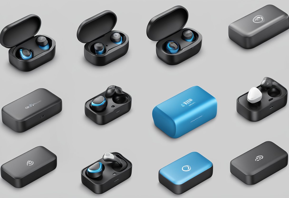 A table showcasing various wireless earbuds with customisation and branding options. Corporate logos and designs are displayed on the packaging and the earbuds themselves