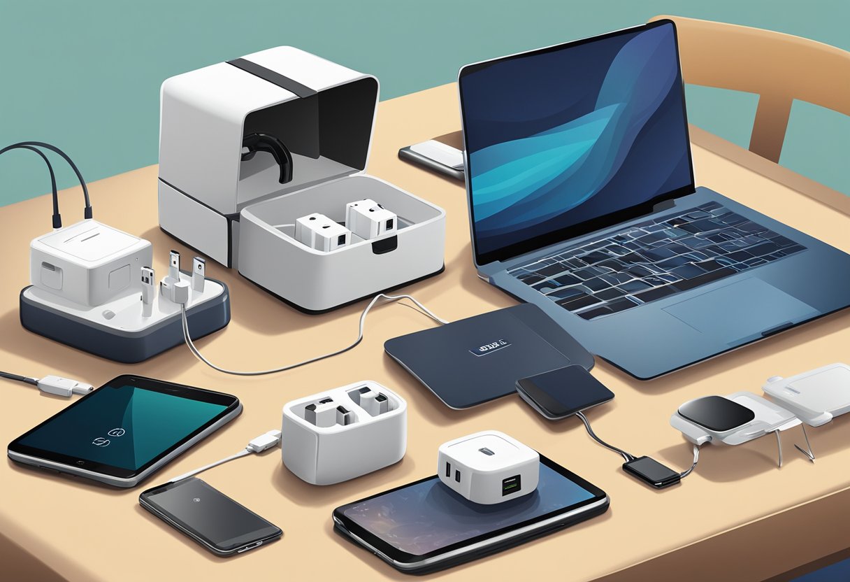 A corporate gift twist travel adaptor sits on a desk, surrounded by electronic devices and a suitcase, ready for international travel