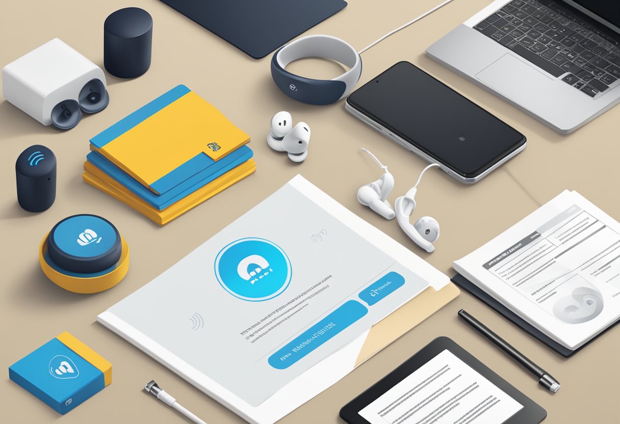 A table with branded wireless earbuds, a stack of FAQ sheets, and a company logo