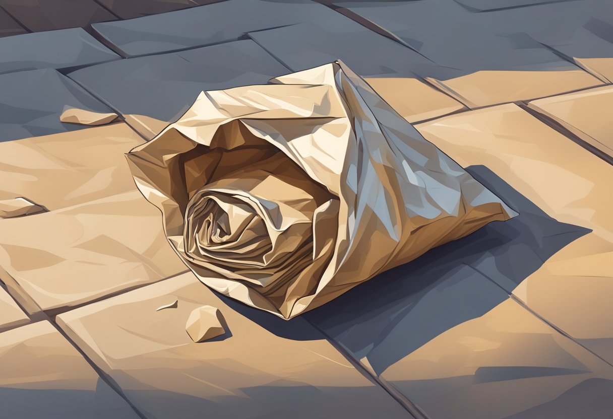 A crumpled paper bag lays on the sidewalk, its edges folded and creased. The sun casts shadows on its surface, highlighting the texture of the paper