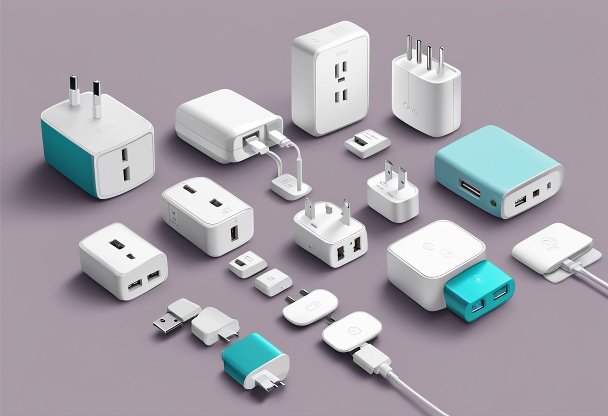 A travel adaptor plugged into multiple devices, with a sleek and compact design for easy portability and practical use