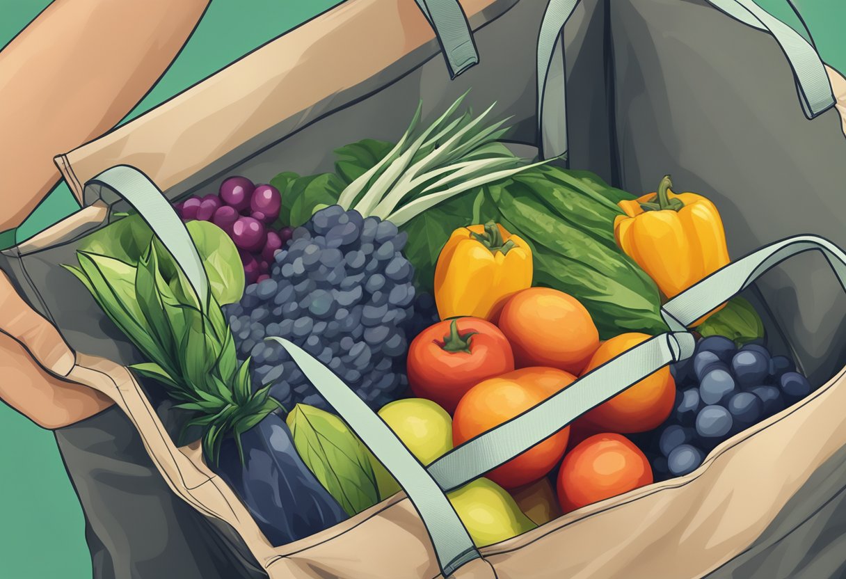 A nylon shopping bag is being used to carry groceries, with a focus on reusable and sustainable practices