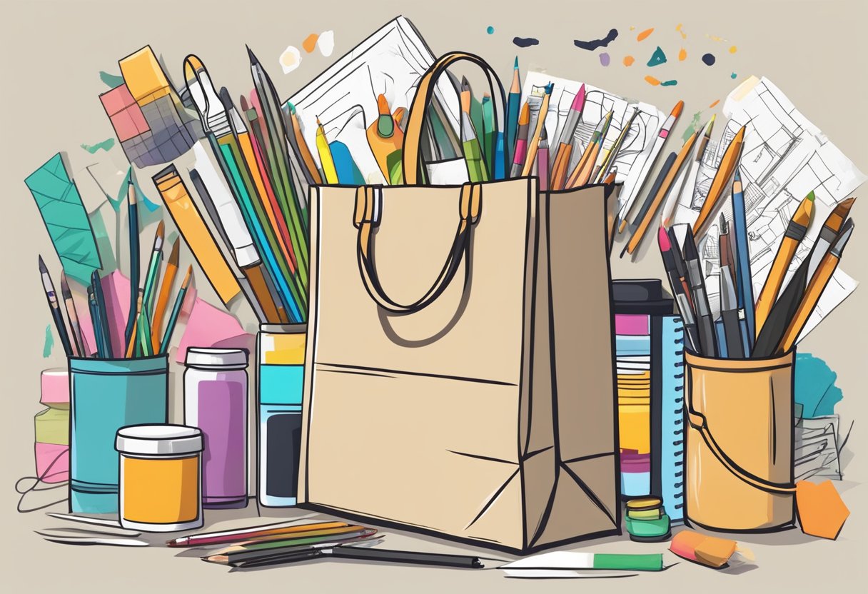 A hand reaches for a blank paper bag, surrounded by art supplies and design sketches. The bag is being customized with paint and stickers