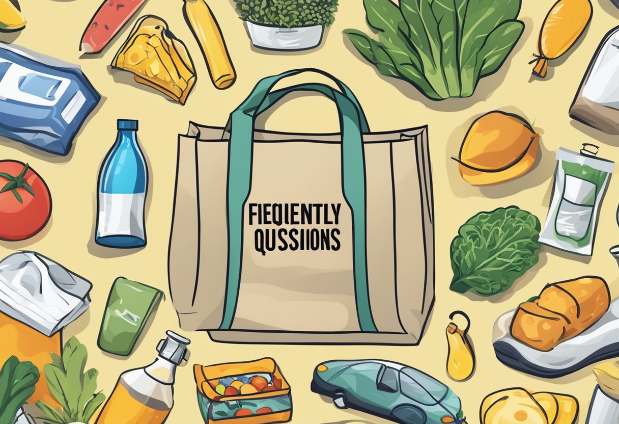 A nylon shopping bag with "Frequently Asked Questions" printed on it, surrounded by various items of groceries and household goods
