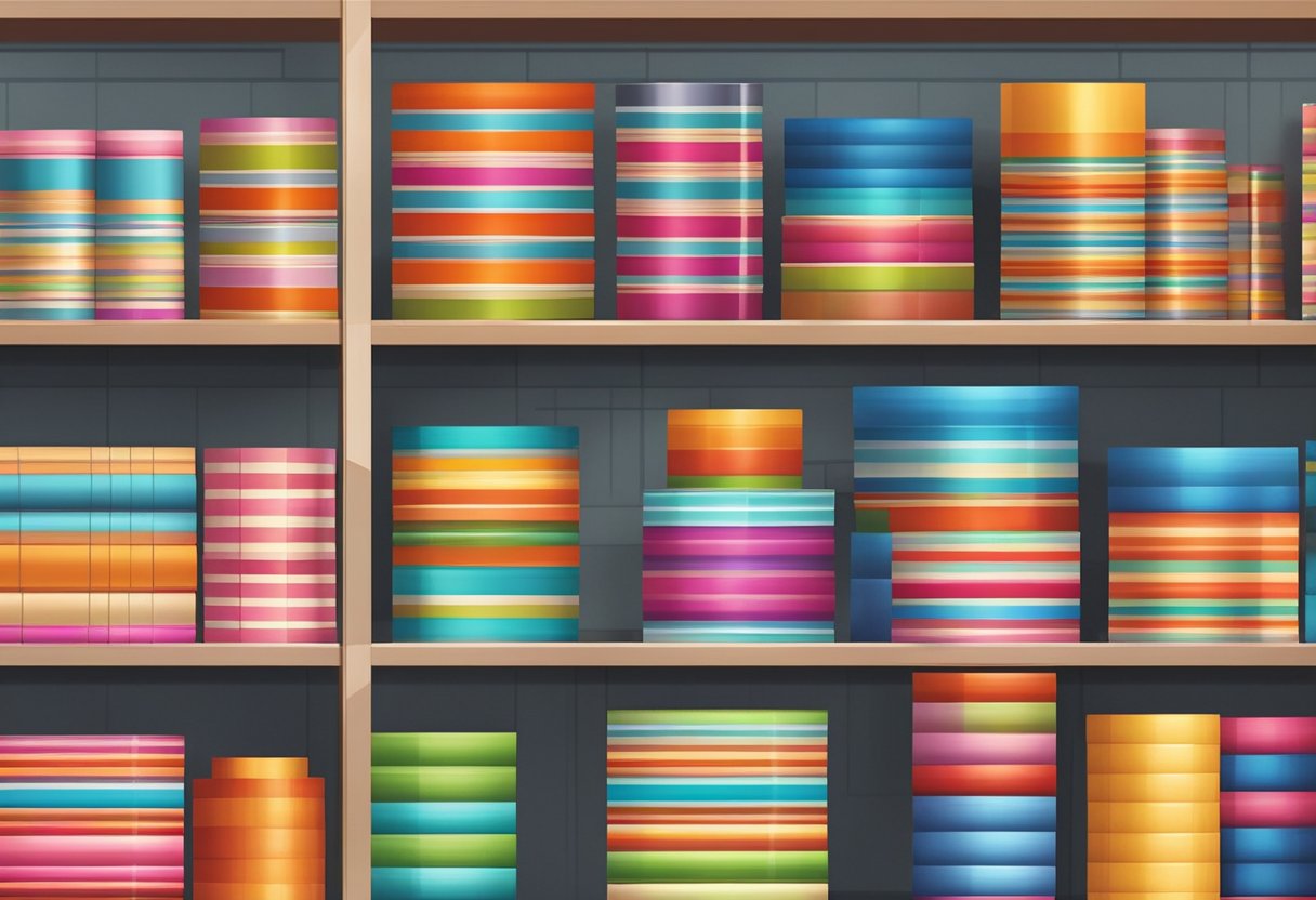 Colorful rolls of wrapping paper stacked on shelves in a spacious warehouse. Labels with various patterns and designs. Light streaming in from high windows