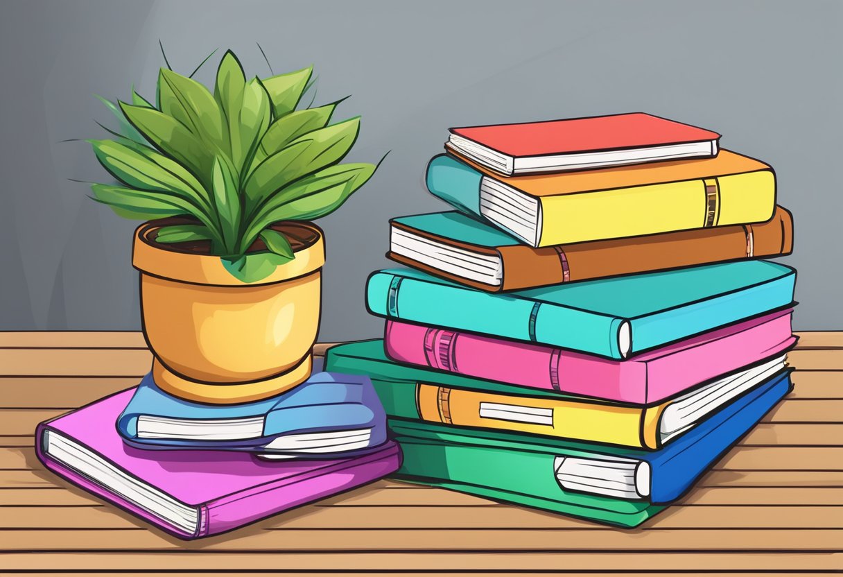 Colorful custom notebooks stacked on a wooden desk with a pencil and a potted plant nearby