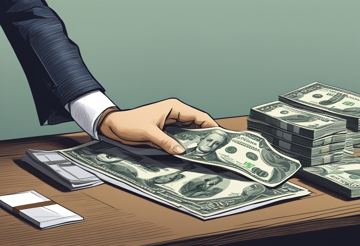 A hand reaches out to receive a corporate gift, a ten-dollar bill neatly wrapped in a ribbon, sitting on a polished desk