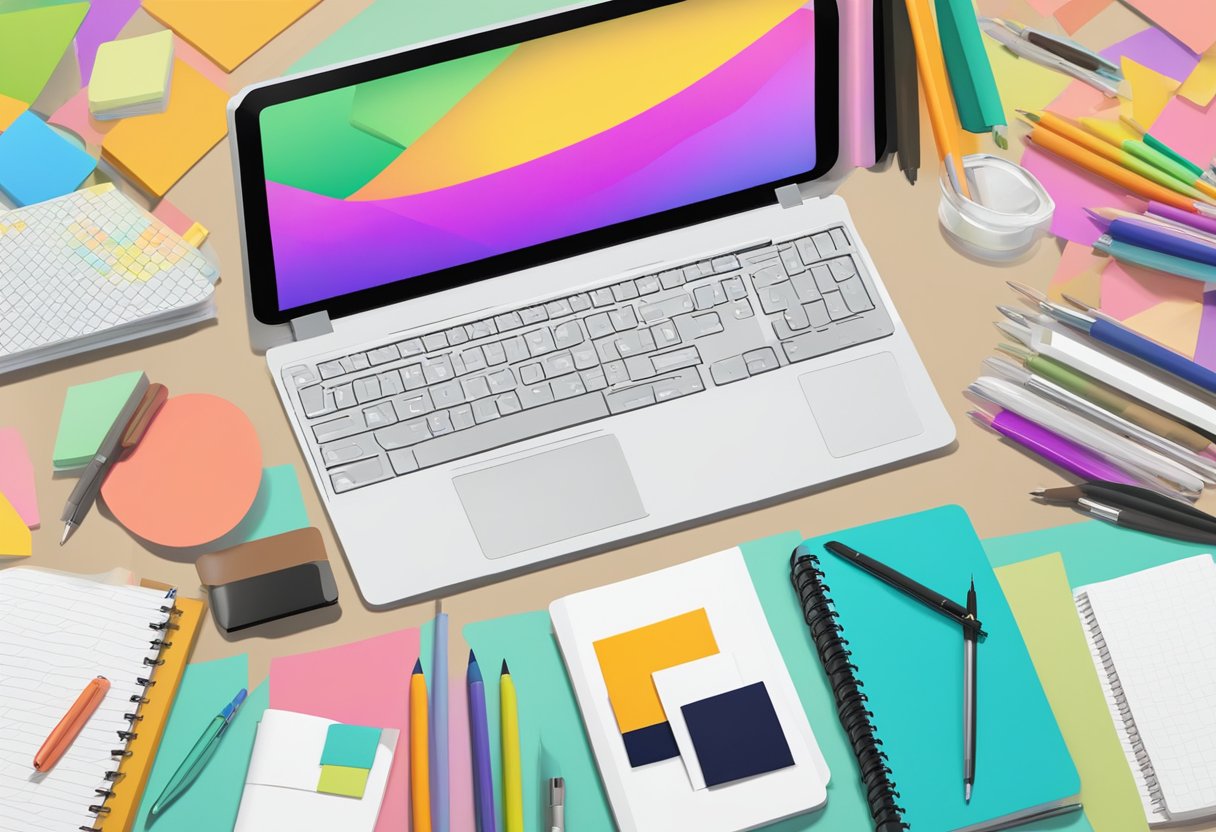 A table with various colorful notebooks, pens, and design tools scattered around. A computer displaying custom notebook designs in the background