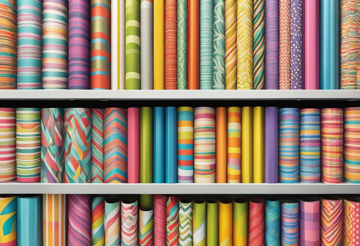 Various patterns of wholesale wrapping paper displayed on shelves in a store. Bright colors and different designs are visible