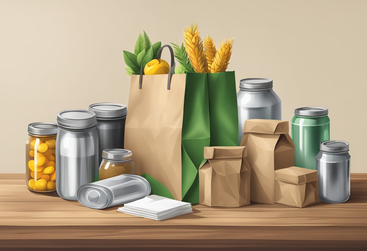 A paper bag made of sustainable materials sits on a wooden table, surrounded by recyclable items like glass jars and metal cans