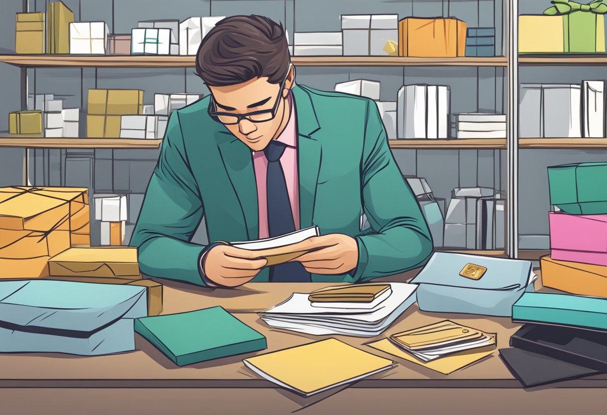 A person choosing a corporate gift from a selection of items, with a budget of ten dollars