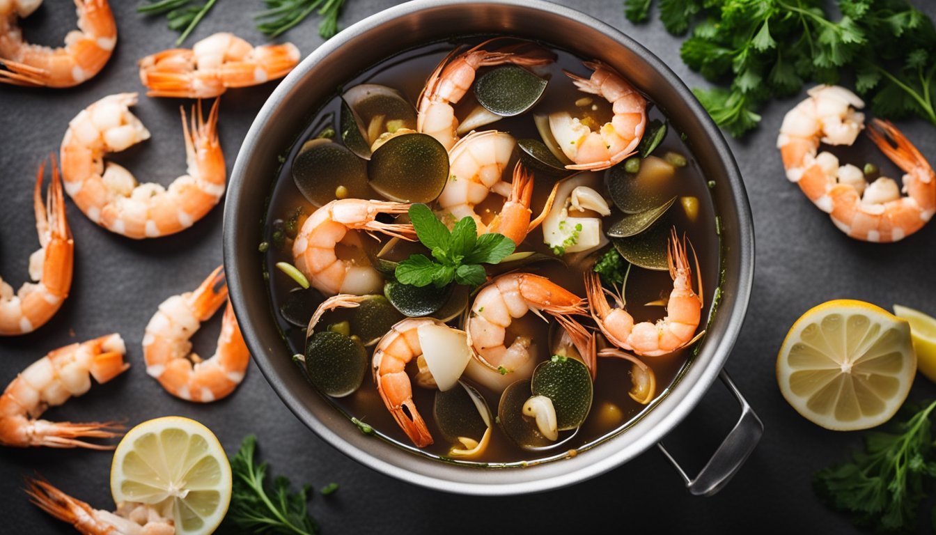 A pot simmers with prawn shells, water, and aromatics for a flavorful base broth