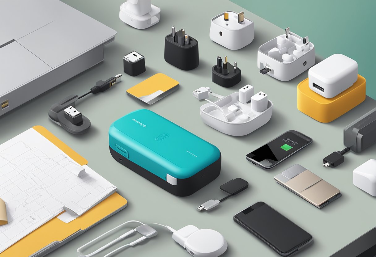 A corporate gift twist travel adaptor sits on a sleek desk, surrounded by various electronic devices and a stack of neatly organized paperwork