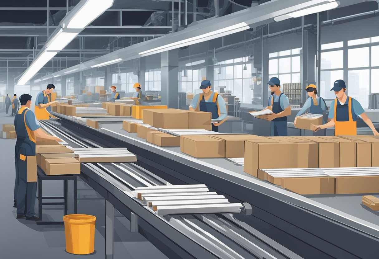 A conveyor belt moves custom notebooks through a factory, while workers package and label them for distribution