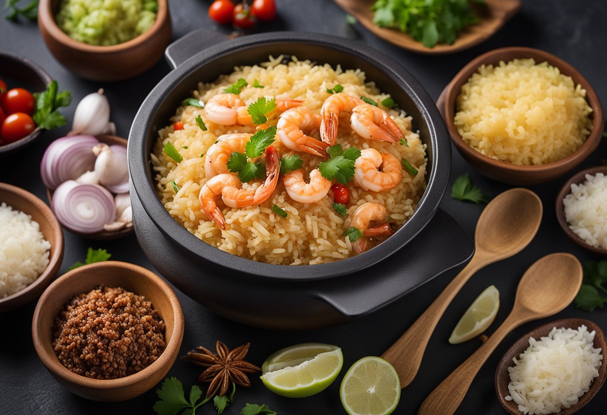 A pot filled with seeraga samba rice, prawns, and aromatic spices, surrounded by bowls of chopped onions, tomatoes, and ginger-garlic paste