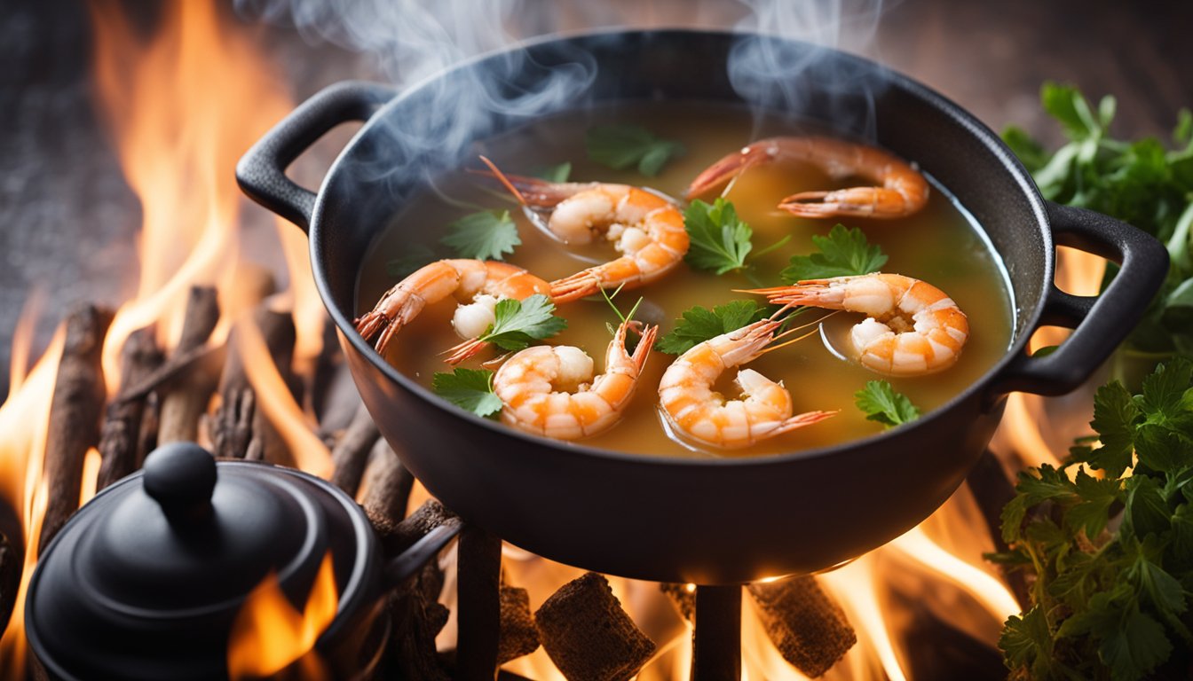 A steaming pot of prawn broth simmers over a low flame, releasing a rich aroma. Vibrant herbs and spices sit nearby, ready to be added for an extra burst of flavor