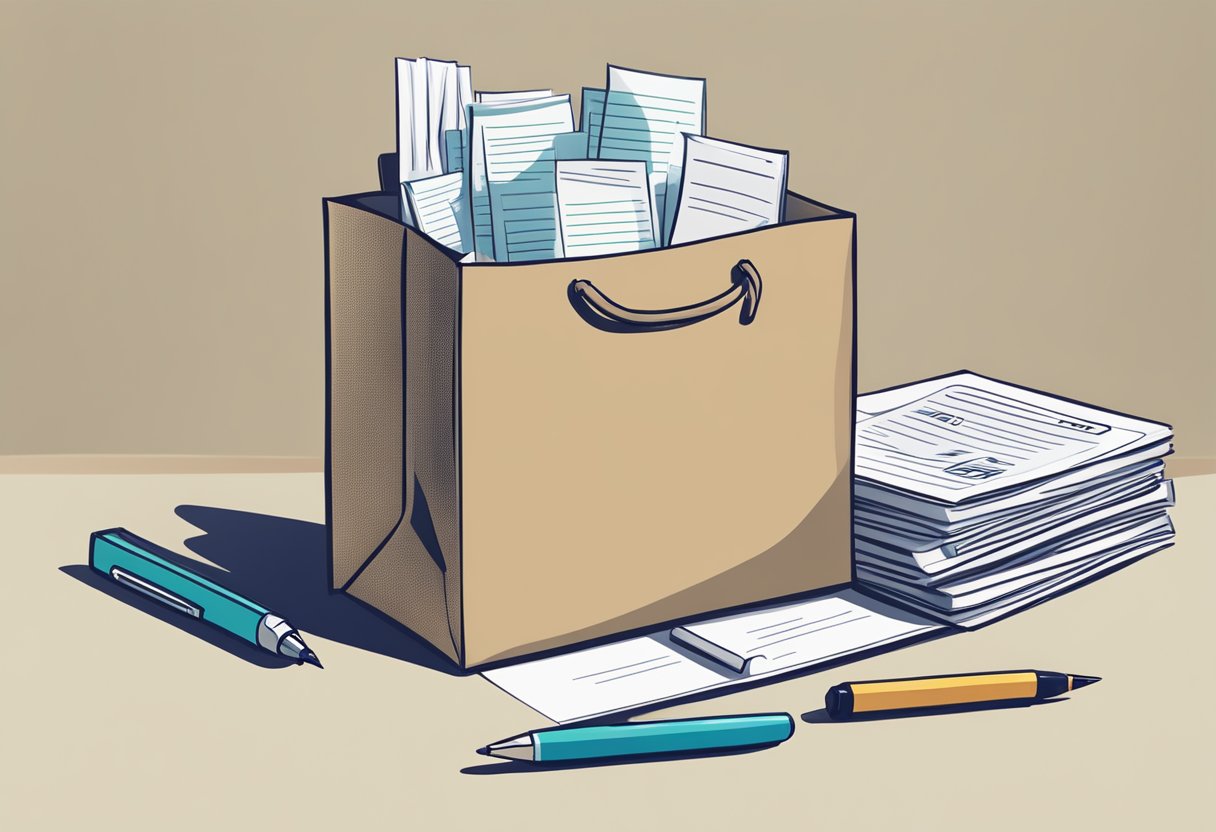 A paper bag with "Frequently Asked Questions" printed on it, sitting on a desk with a pen and a stack of papers nearby