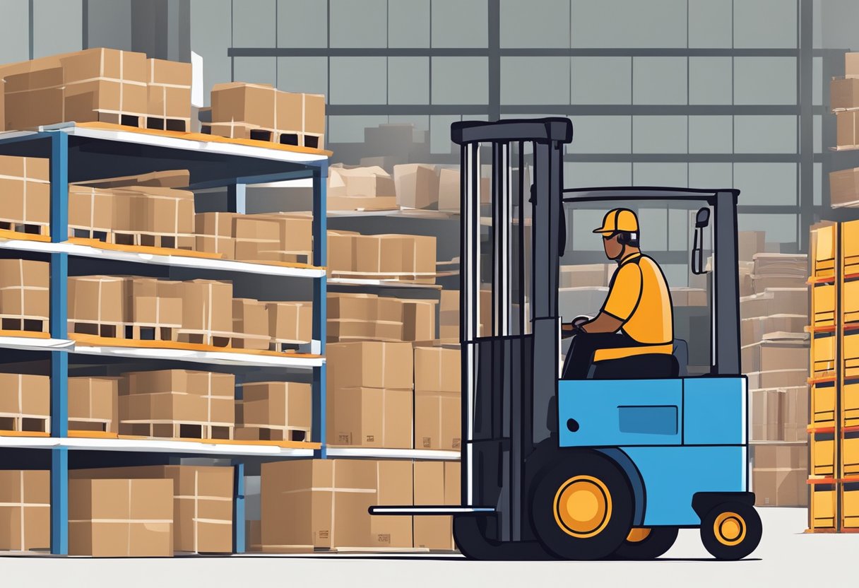 A warehouse with shelves stacked high with colorful rolls of wrapping paper. A busy worker using a forklift to move pallets of paper